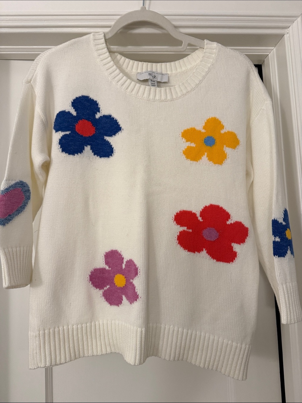 Cream Floral Crewneck Sweater with Multicolor Flower Motifs